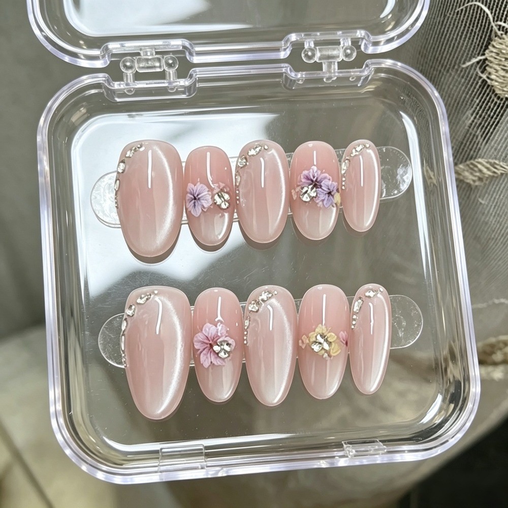 10Pcs Medium Oval Cherry Blossom Nails Nude Pink Gentle Daily Manicure