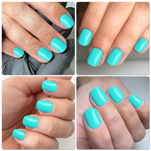 Short Press on Nails Square Round Short Fake Nails Glossy Full Cover Turquoise