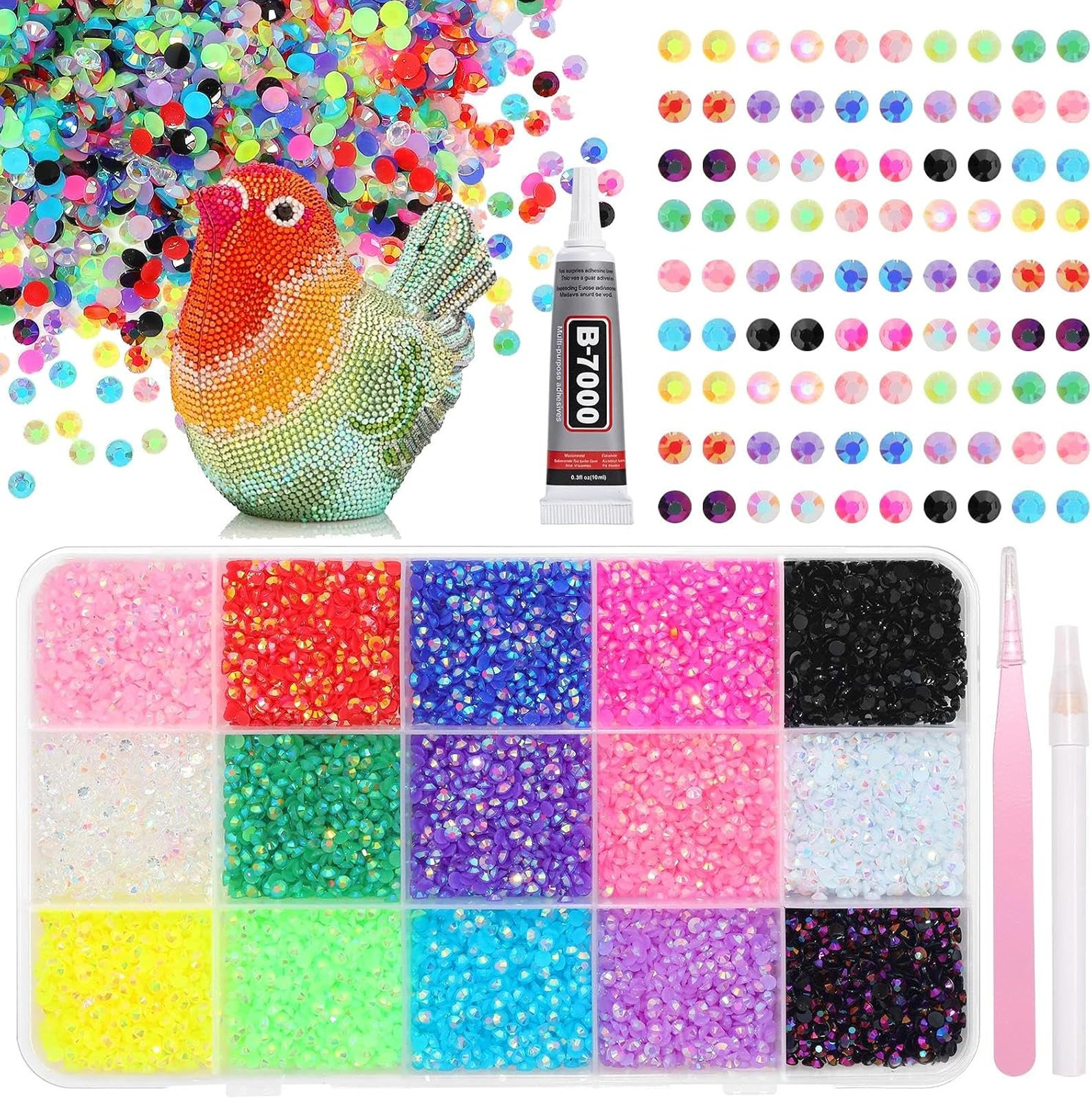 15000 Pcs Color Rhinestones for Bedazzling Kit 3mm Flatback Resin Gems for
