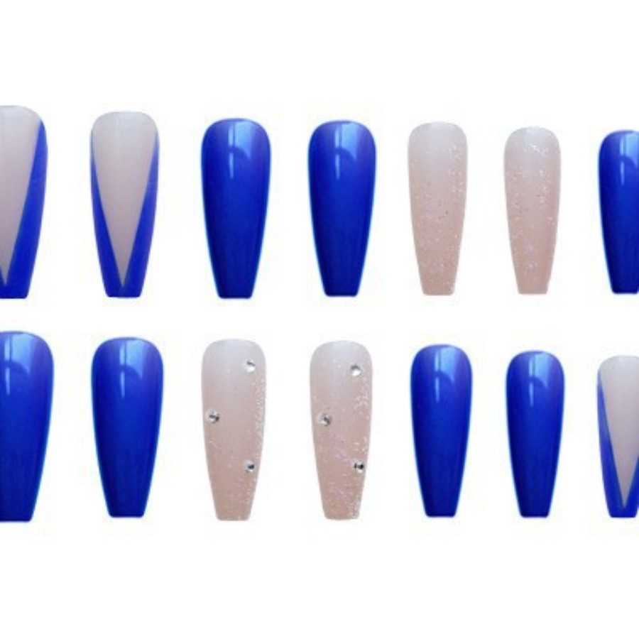 48Pcs Blue Marble Glitter French Coffin Press on Nails, Bright Trendy Fake Nails