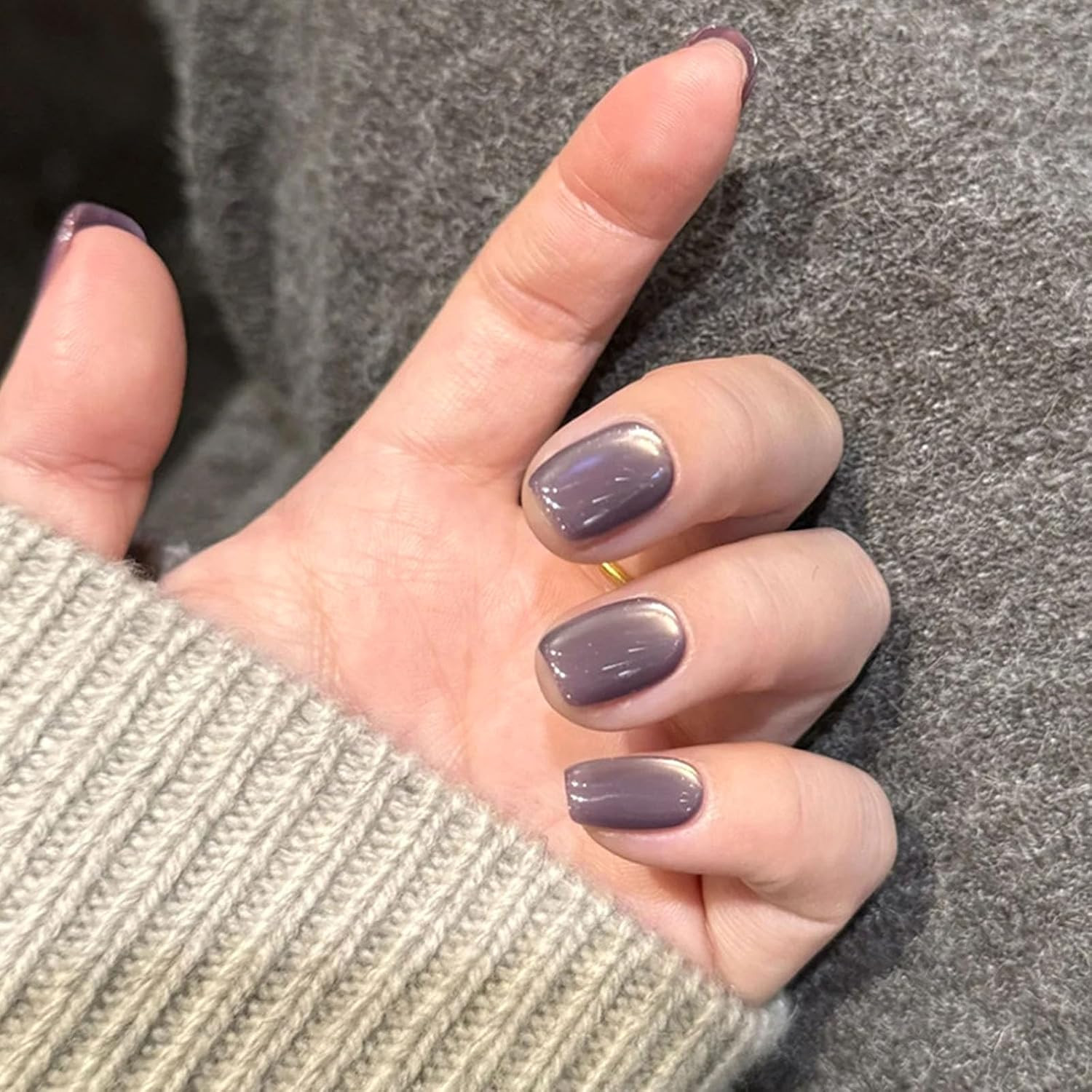 Cat Eye Press on Nails Short Square Fake Nails with Designs Gray Purple Nails