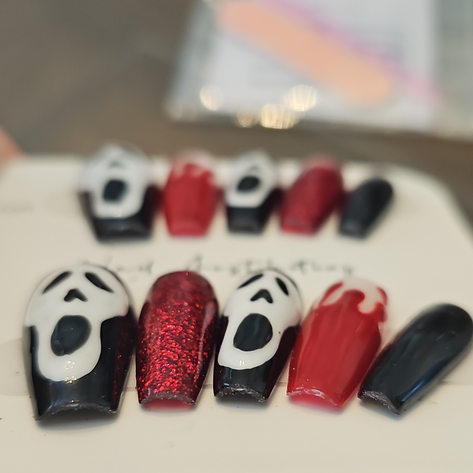 Nail Aesthetics Press-On Nails Long Coffin Red Glitter Ghost Halloween Medium