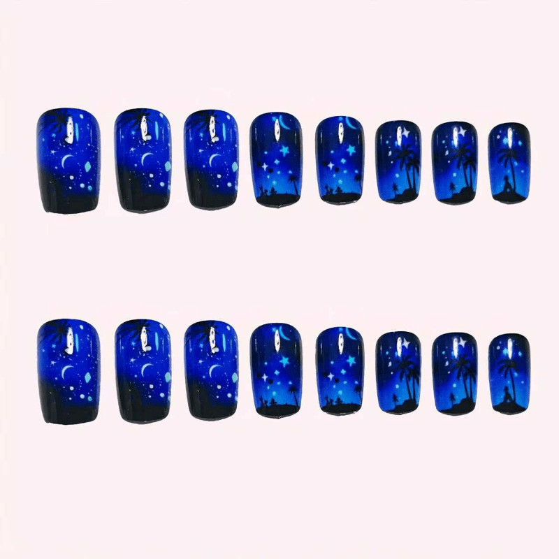 48Pcs Coffin Galaxy Palm Tree Press on Nails Star Moon Vacation Night Party Wear
