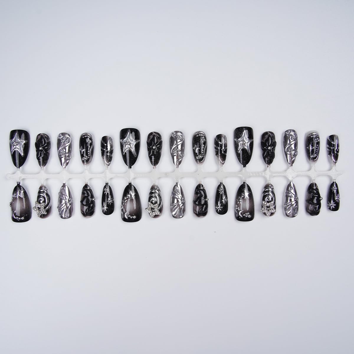 30Pcs Black Flower Press on Nails Short Almond Fake Nails Punk Metal Y2k Fals…