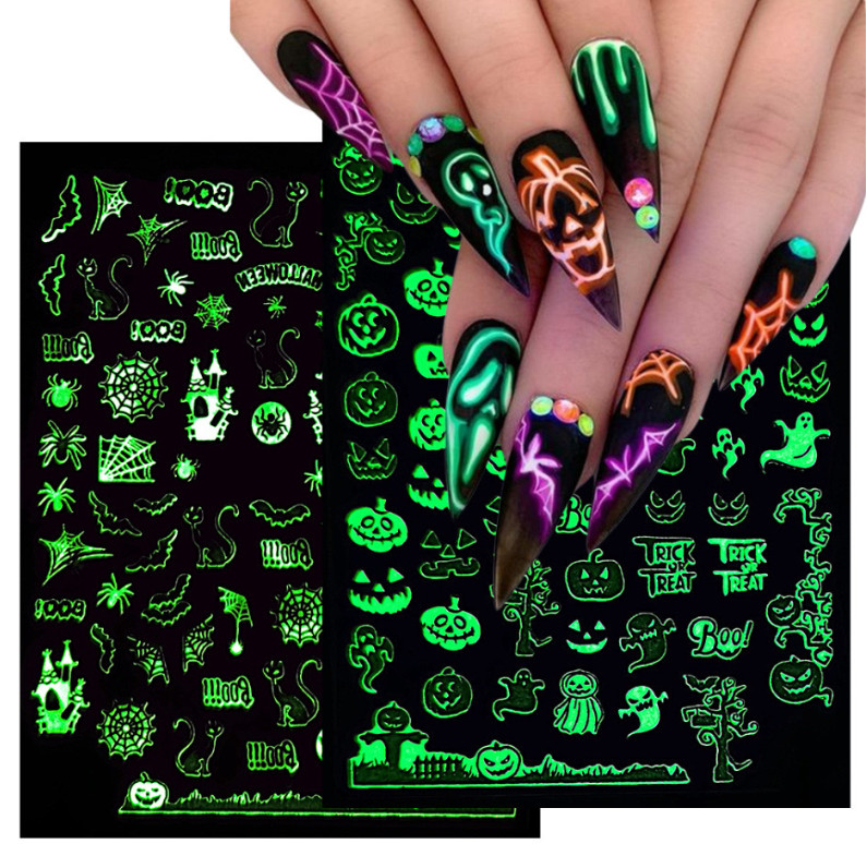 6Pc Adhesive Luminous Nail Art Halloween Skull Ghost Pumpkin Spider Web Bat NS43