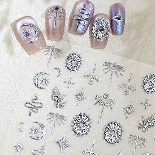 Bohemian Nail Stickers | Moon Star Snake Sticker for Nail Art | Gold Silver 5D