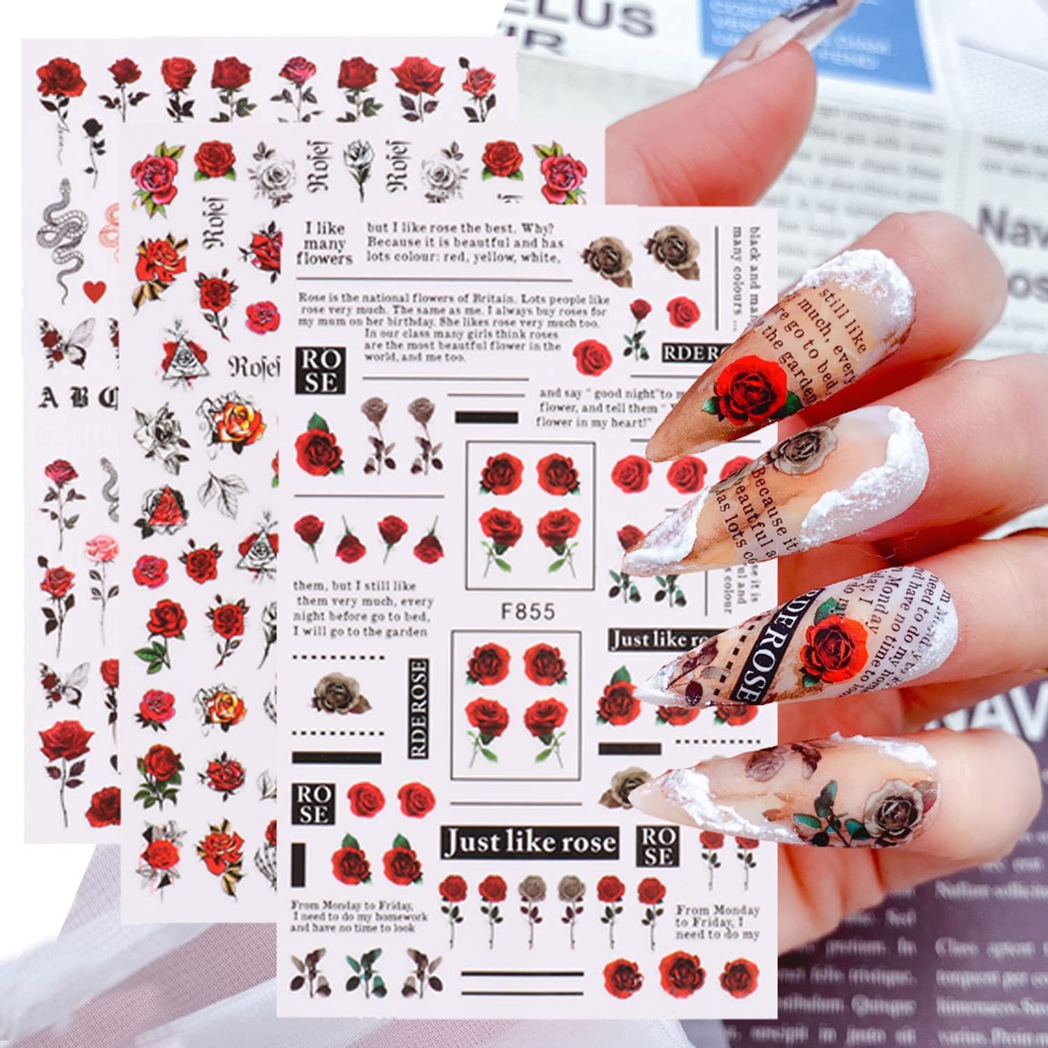 Flowers Rose Nail Art Stickers, 3D Flower Nail -Adhesive Sticker Design, Holo…