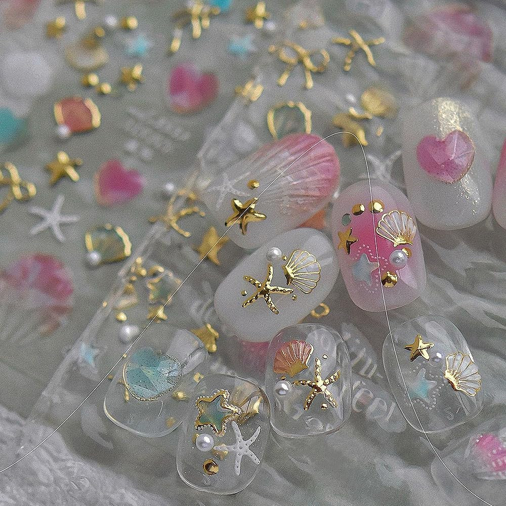 Shiny Golden Jellyfish Starfish Seashell Sea Beach Summer Nail Stickers Cute Bow