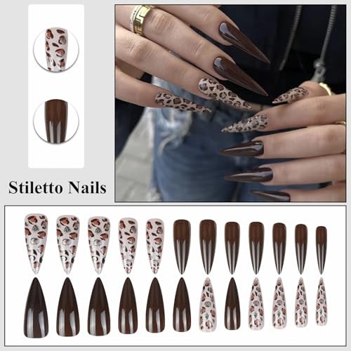 Press on Nails – Long Stiletto Fake Nails with Brown Leopard, 10522Brown