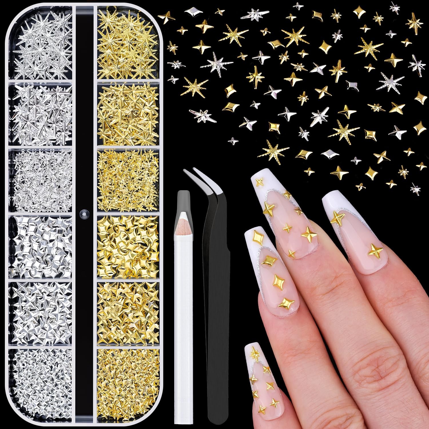 660Pcs 3D Star Nail Charms, Gold & Silver Multi-Shapes Metallic Nail Art Gems,Be