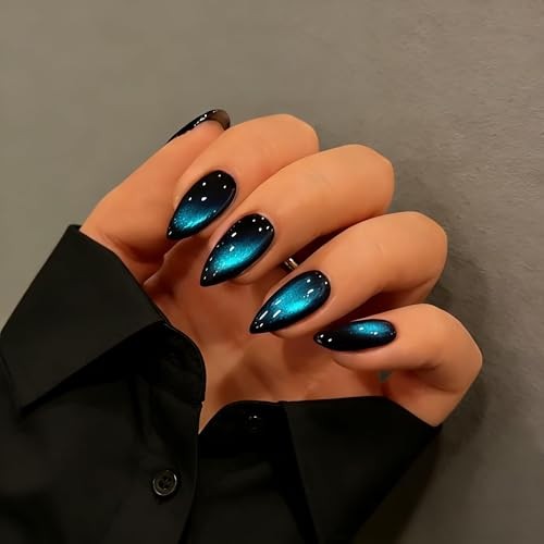 Cat Eye Press On Nails – Almond – Dark Ocean Blue – Black Blue