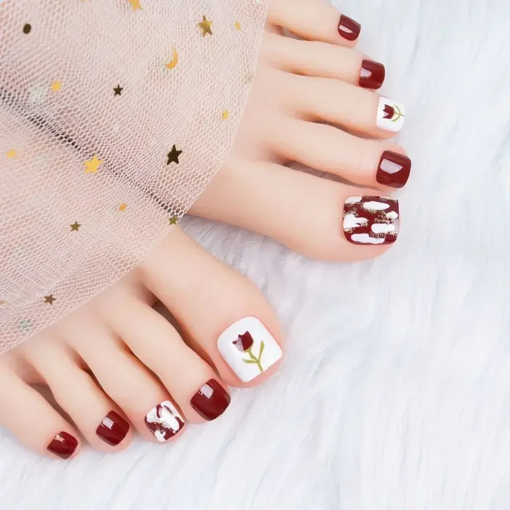 24pcs Sequins Full Cover Short Square Artificial Fake Toenails for Women Foot