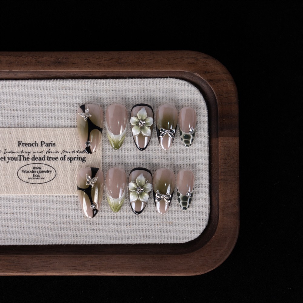 Chic Handmade Green Ombre Press On Nails Medium Almond with Hand-Painted Flower