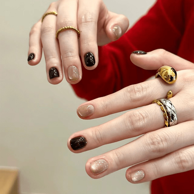 48pcs Short Almond Press on Nails, Black Brown Gold Cat Eye Glitter Mix Nails