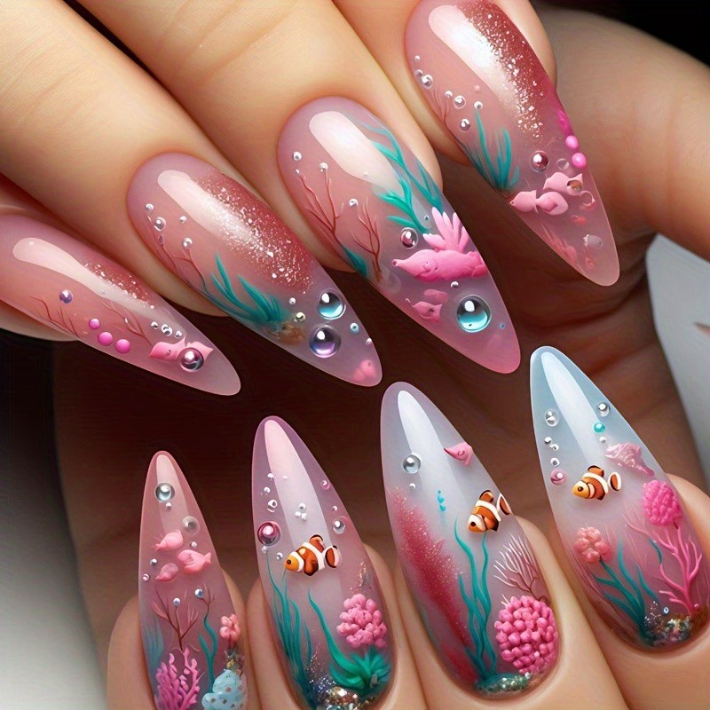 24pcs Press on Nails Goldfish Bubble Long Square Glossy Reusable Fake Nails