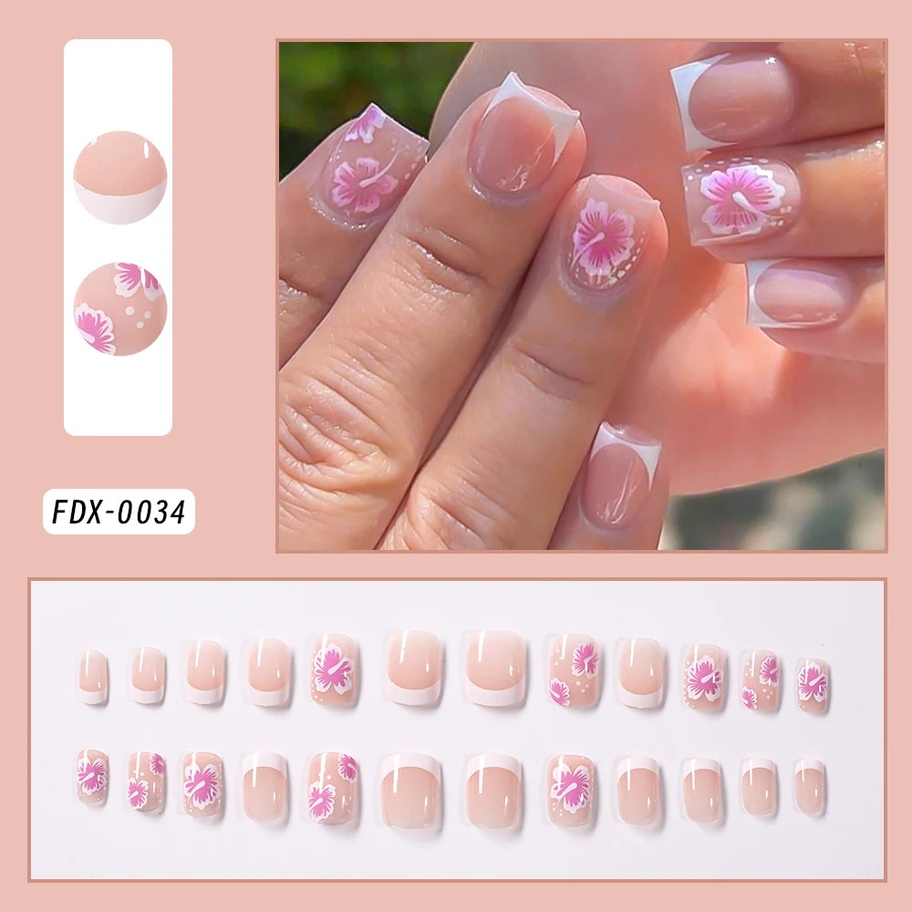 French Glitter Short Square Coffin Press on Nails Full Cover Acrylic Fake