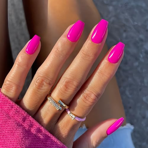 Neon Hot Pink Press on Nails Short Medium Coffin, Solid Color glossy hot pink