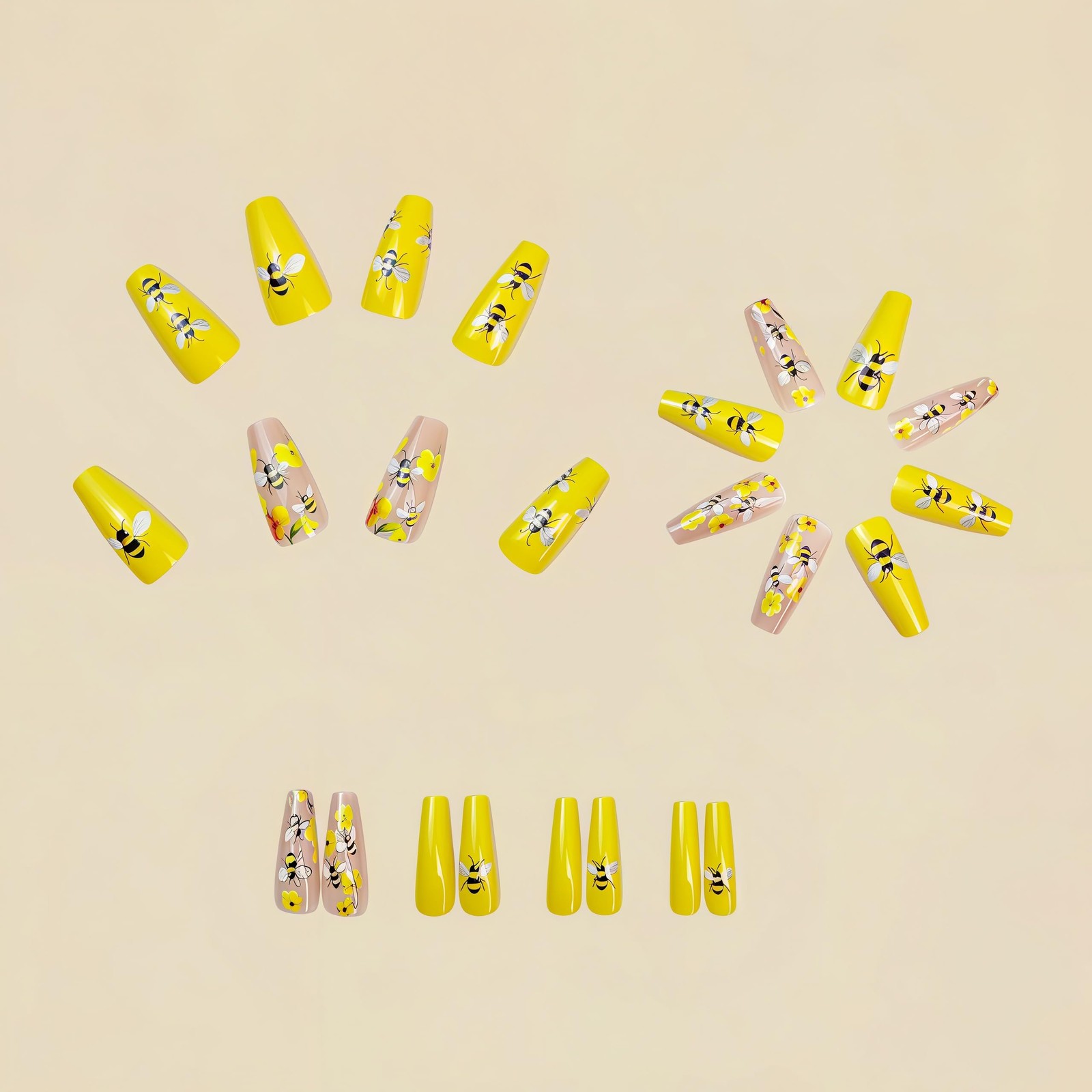 Spring Bee Press on Nails Medium Ballet Fake Nails Yellow Daisy False Nail De…