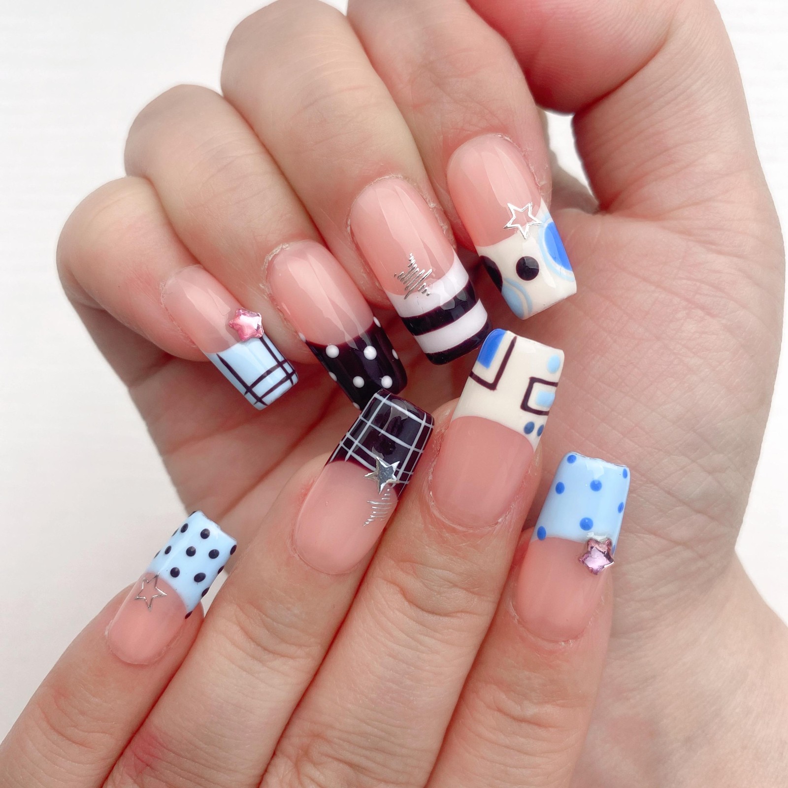 Custom Handmade French Tip Plaid Polka Dot Star Bow Long Square Press on Nails