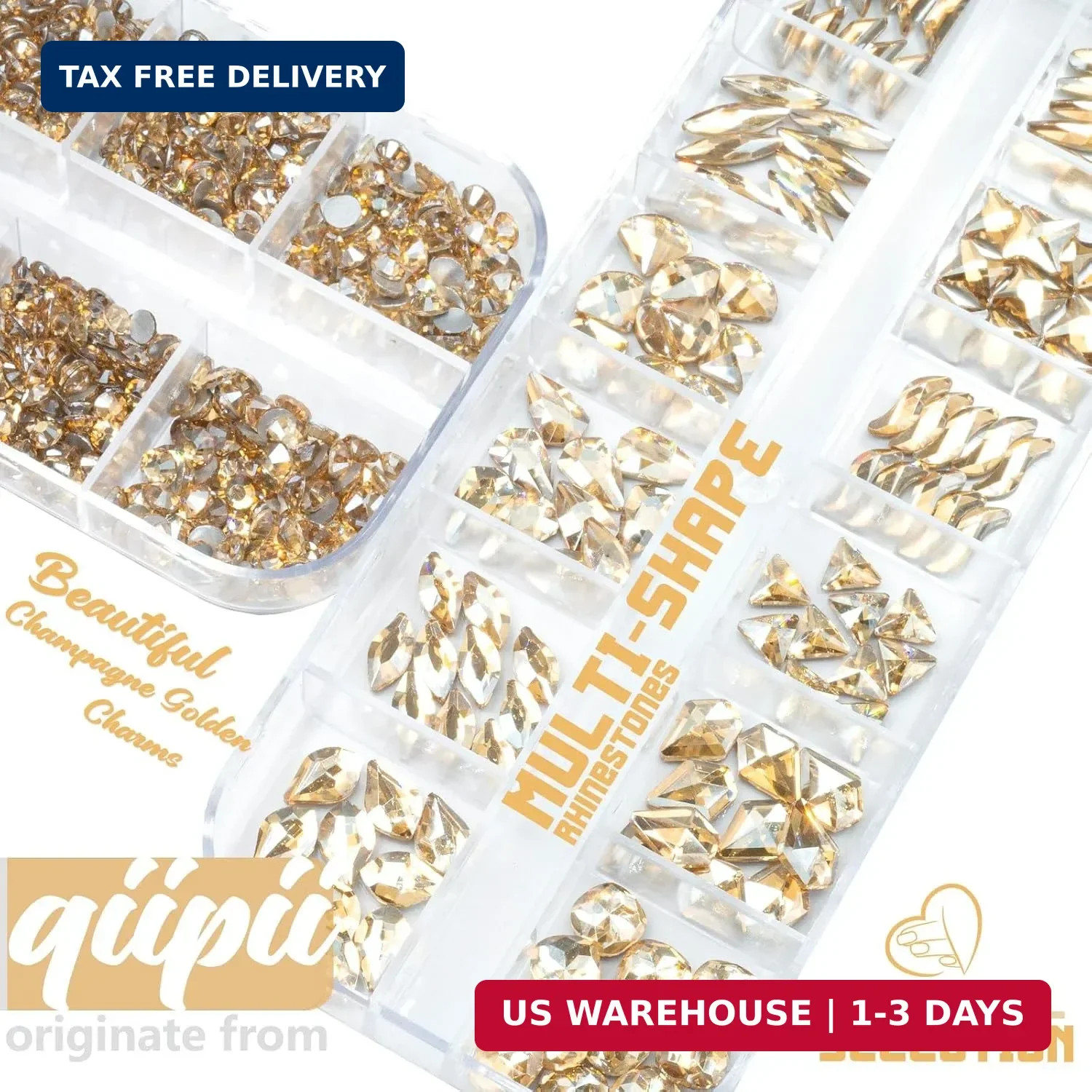 qiipii 4080Pcs Champagne Golden Nail Rhinestones Flatback Gold Crystals Gems Rou