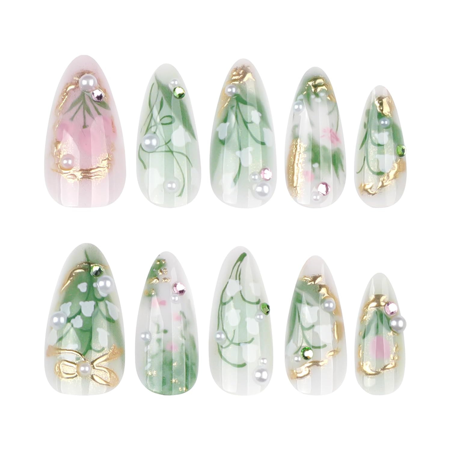 Green Press on Nails Medium Almond Fake Nails with 3D Pearl Rhinestones Designs