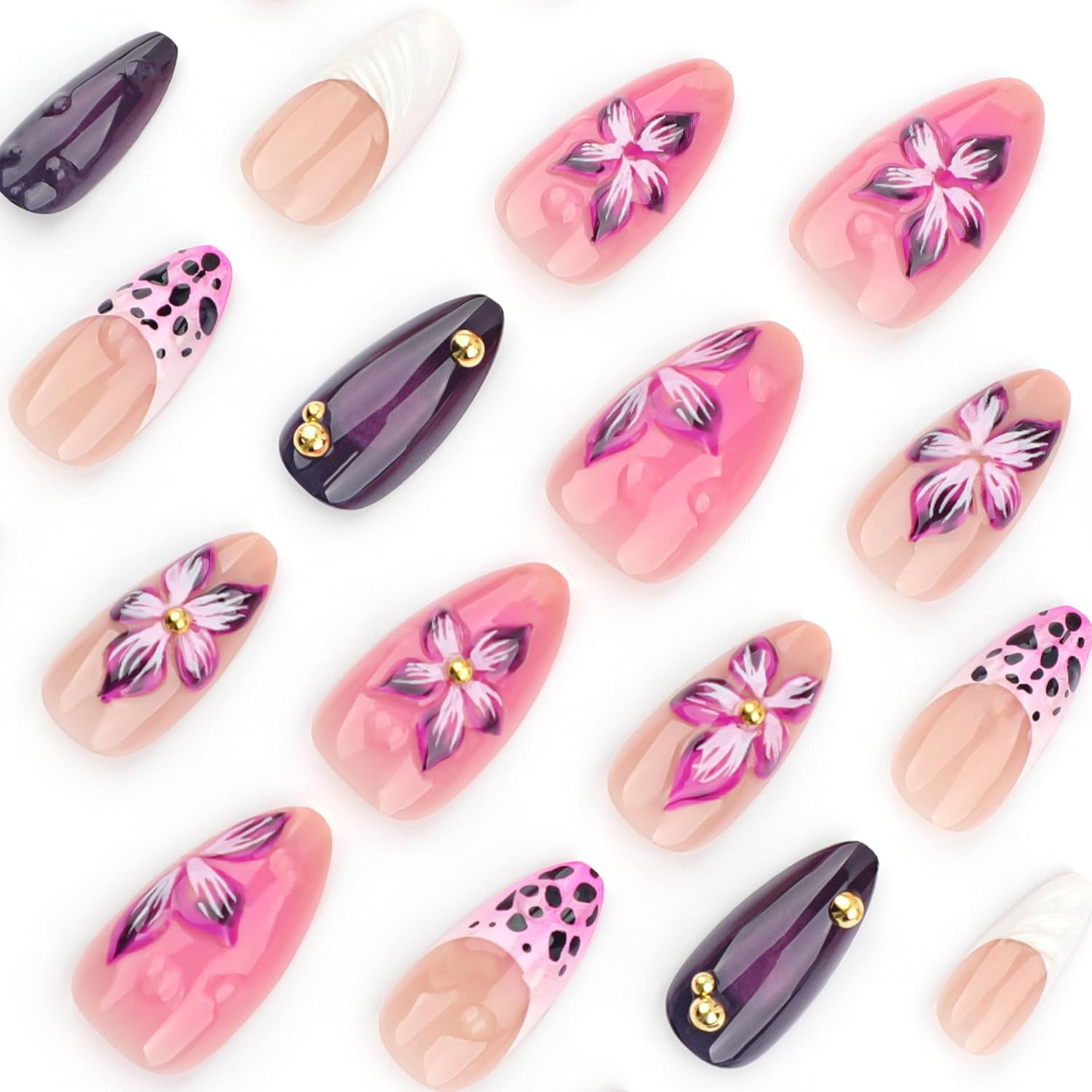 24Pcs Purple Flowers Press on Nails Medium Almond Fake Nails with 3D Floral Gold