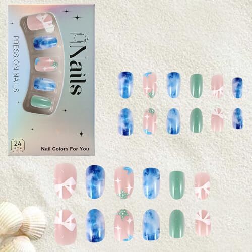 24Pcs Summer Ocean Press on Nails Almond Blue Fake Nails with Beach Waves beach