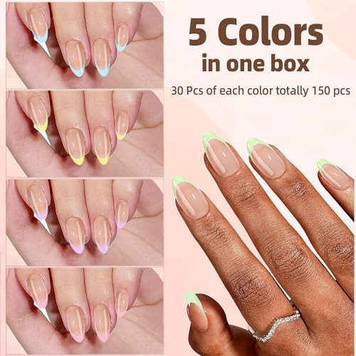 French Gel Nail Tips, 150Pcs Almond French Tip Press on Nails with Pre