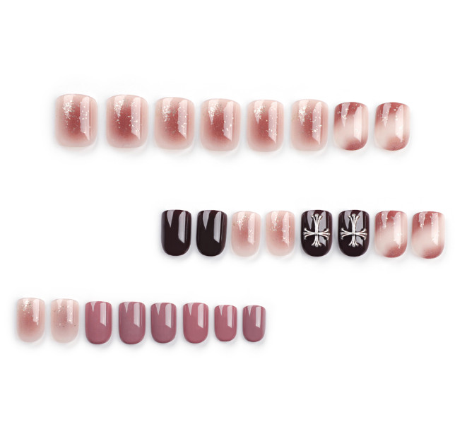 Maillard Color Ombré Glitter Press-On Nails with Cross Pattern, Short Square