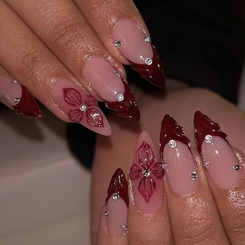 Almond Press on Nails Medium Fake Nail Burgundy 3D French Tip Glue ons 7113Red