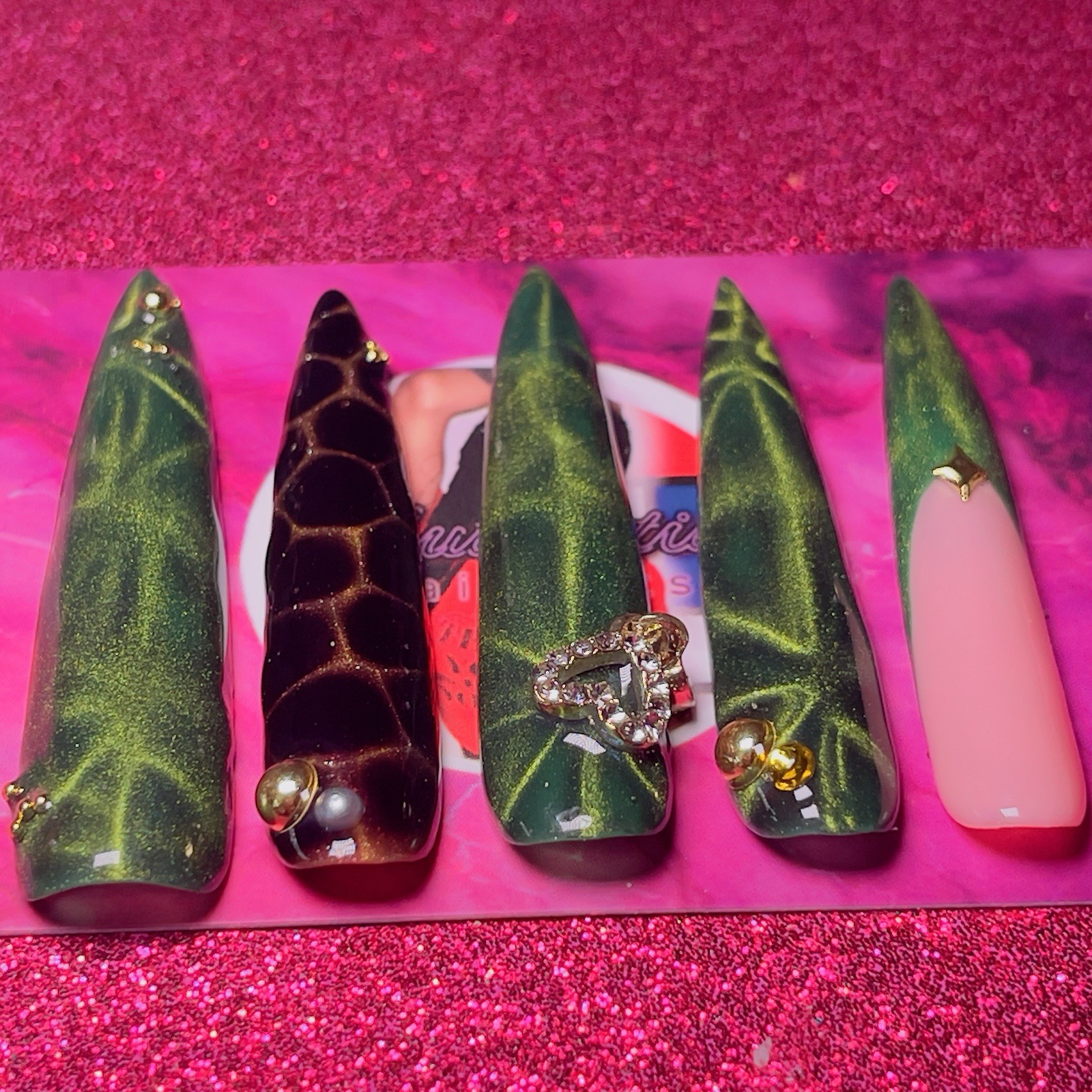 Nail Arts By Dia Long Stiletto Press-On Nails Animal Shiny Green Black Pink