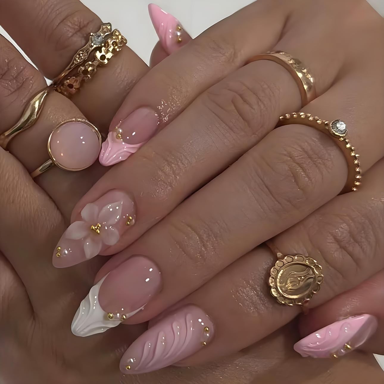 LPOODDNU Press on Nails Medium, pink french tip flower