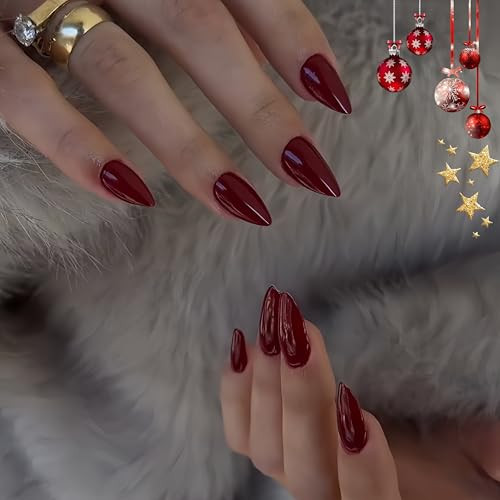 Wine Red Press on Nails Short Almond Shaped, Short Almond Fake almond wine red