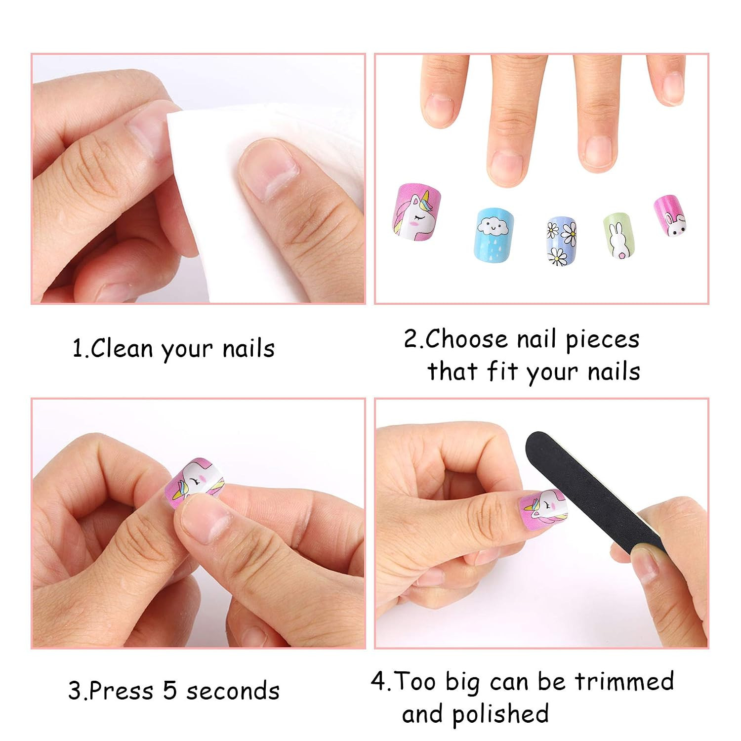Press on Nails Kids Girls Fake Nails Pre Glued Stick On Cute Nail Art Full Cover