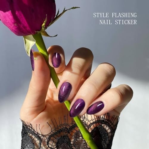 Gel Nail Stickers Deep Purple Cat Eye Semi Cured Gel Nail Strips Wraps UV/LED