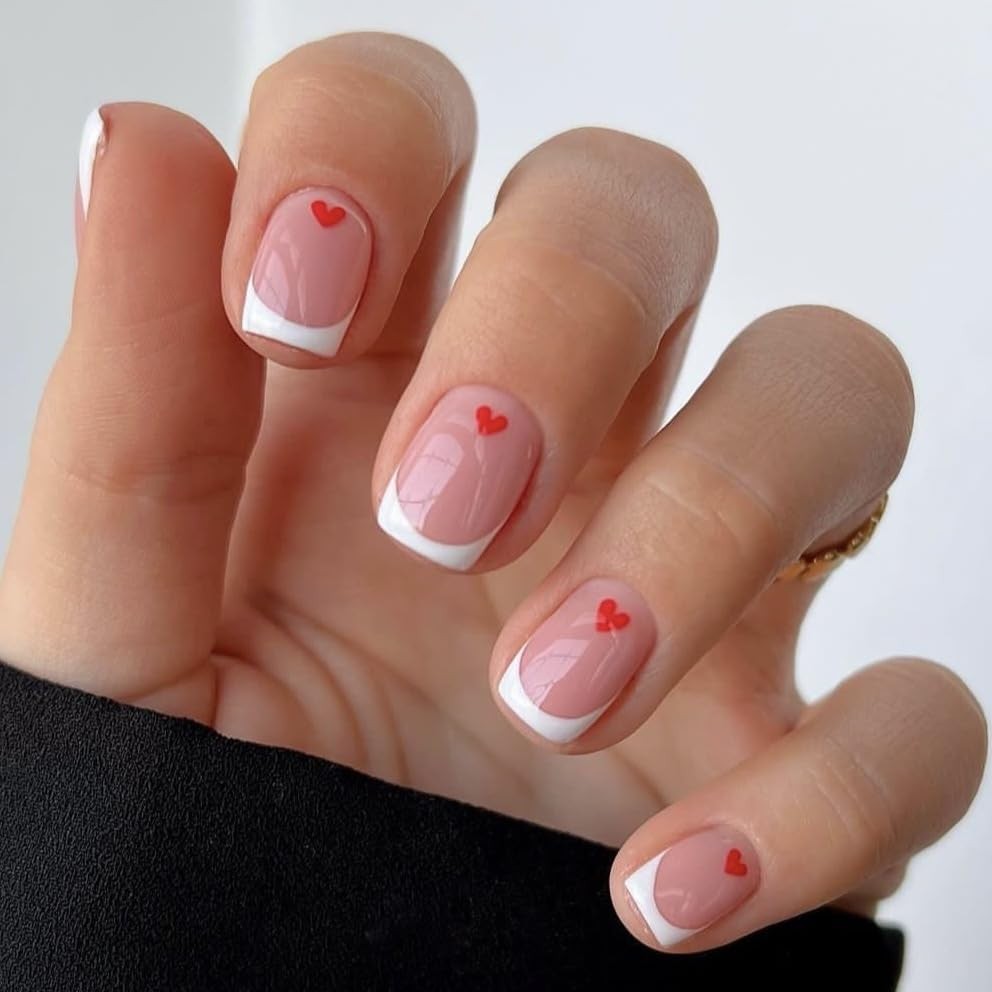Valentines Press on Nails French Tip Fake Nails Square Short False Nails with…