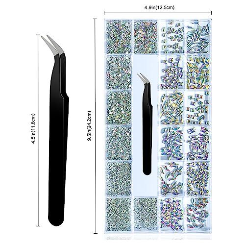 Nail Diamonds Set, Multi Shape Glass Crystal AB Nail Jewels & 21 Grids AB