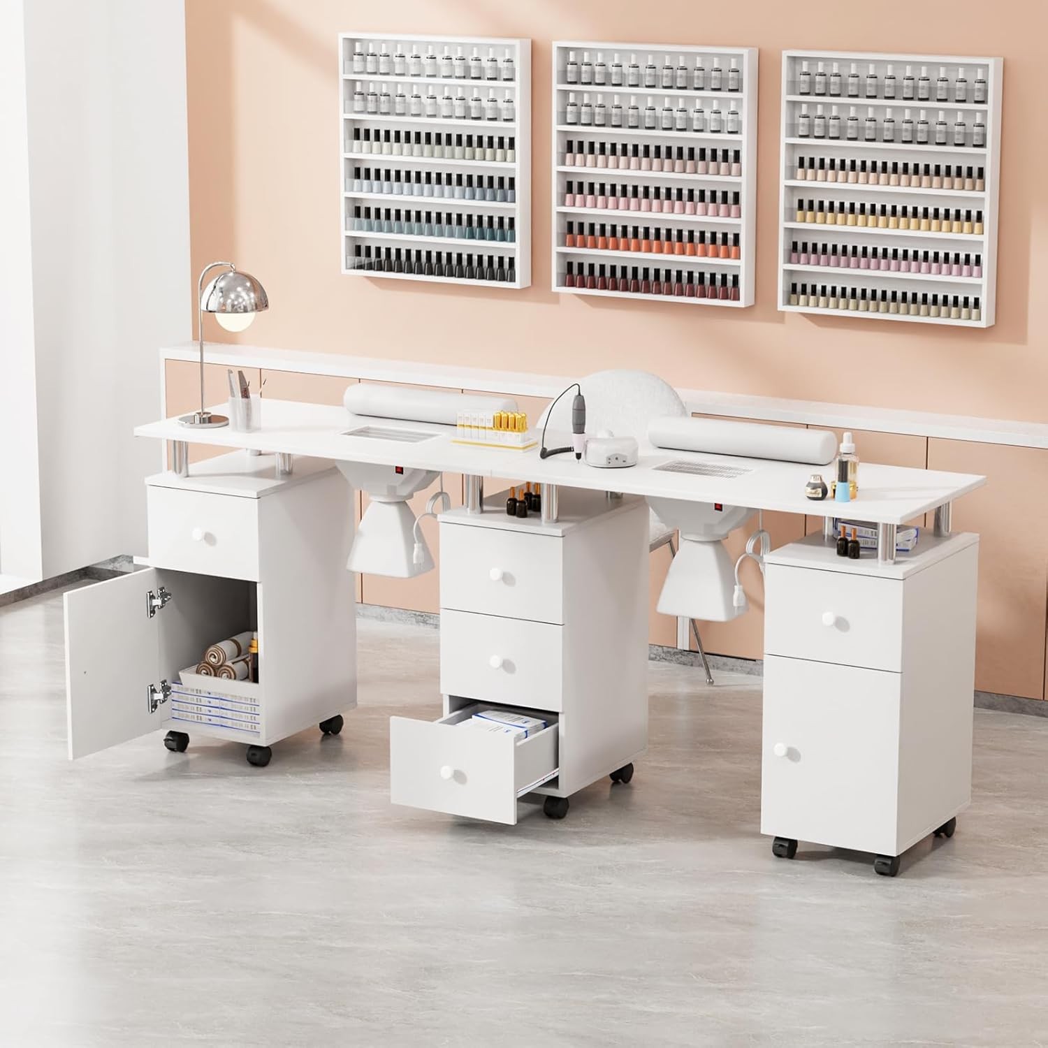 Rolling Double Manicure Table with Dust Collector & Drawers, Nail Table Station