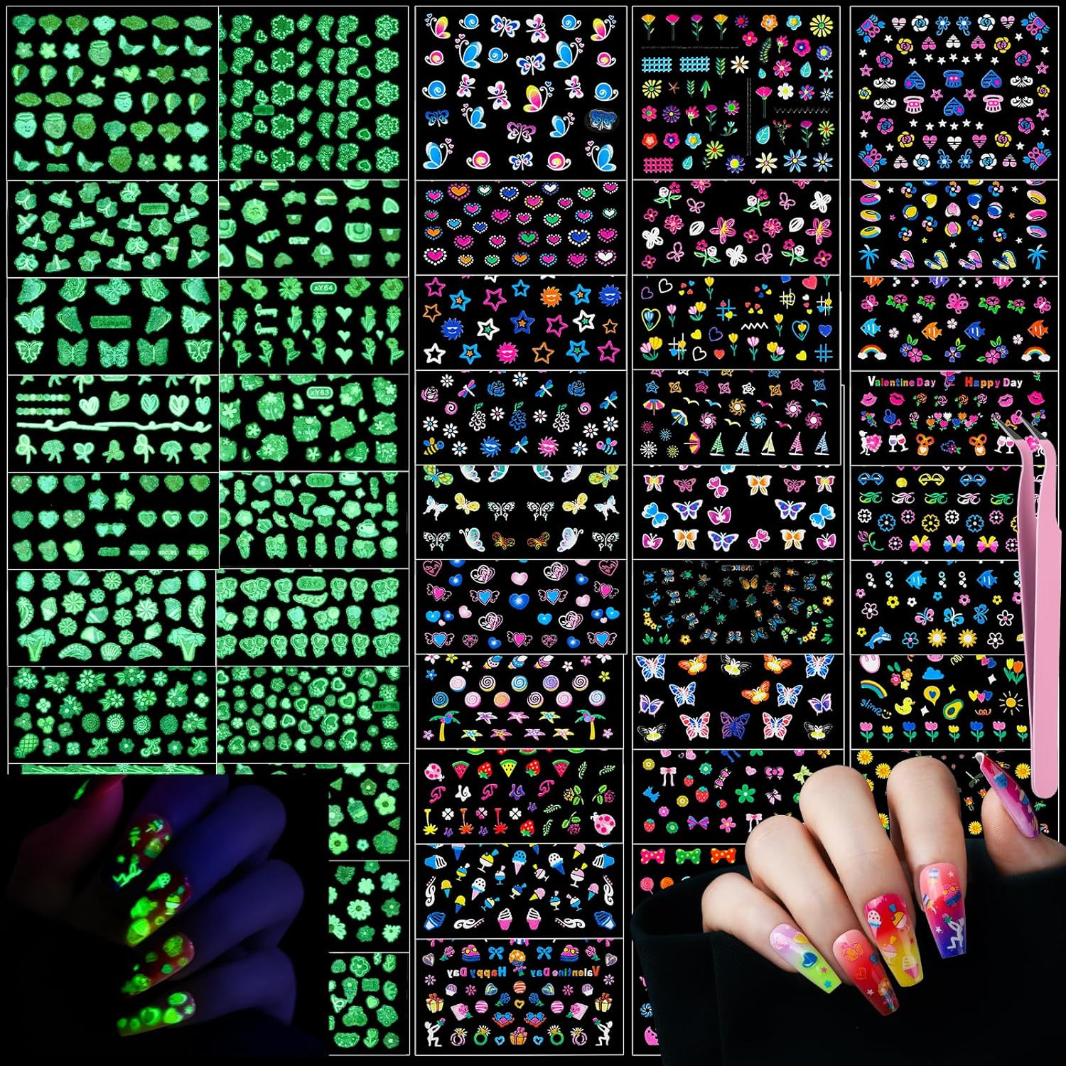 50 Sheets Glow in the Dark Nail Stickers for Kids, Girls Flower Nail Art Sticker