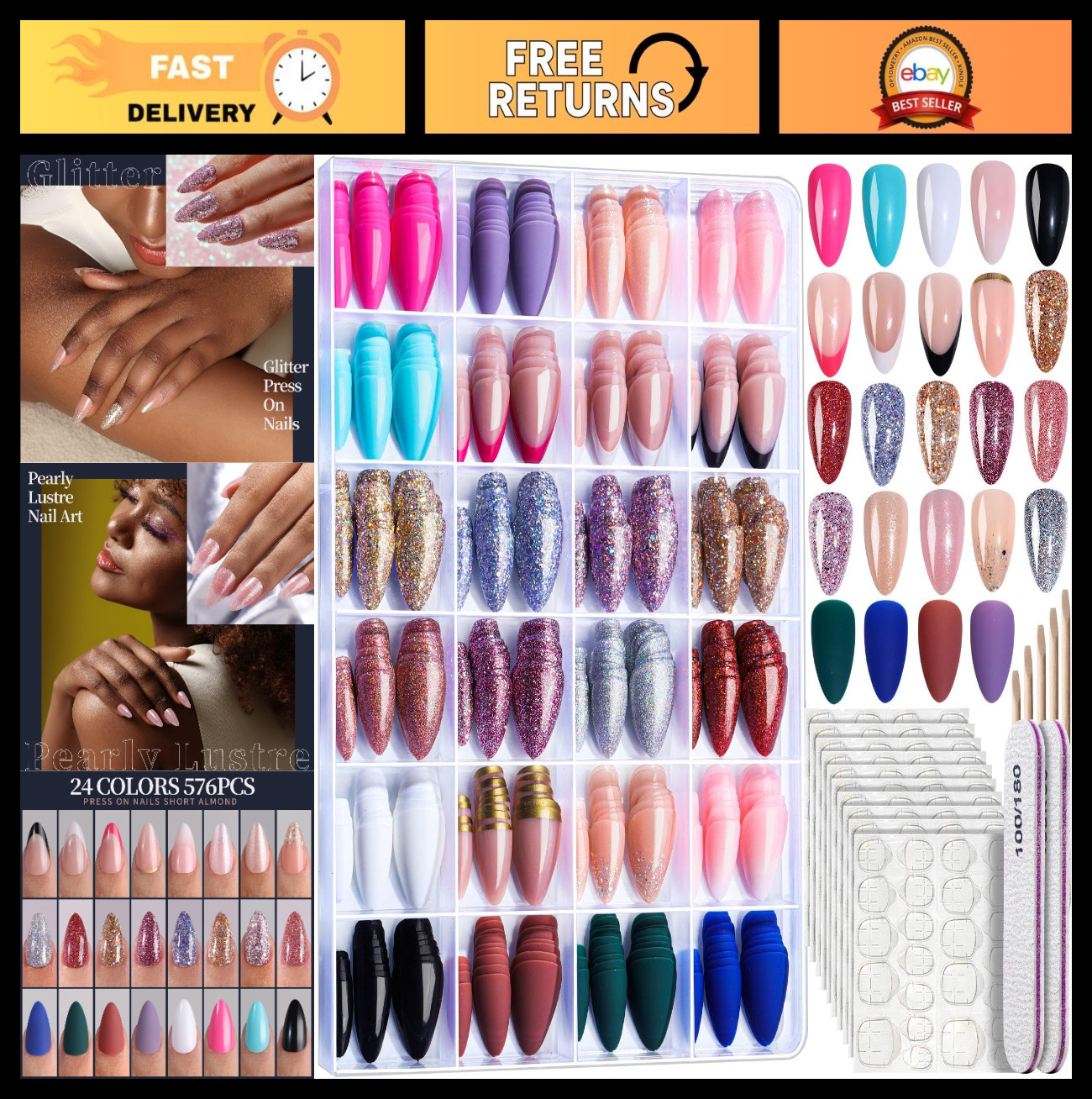 24 Colors Press on Nails – 576PCS Almond Shape, Matte & Glossy, Glitter & French