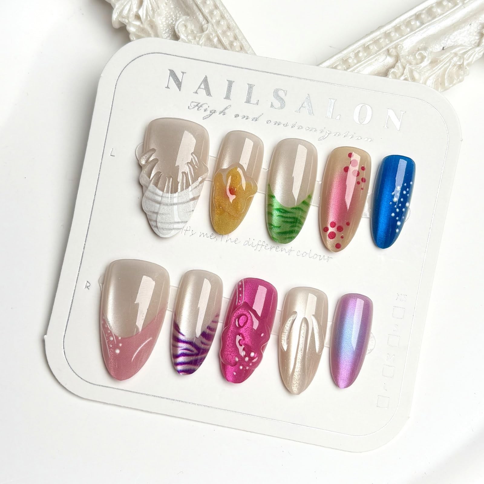 10pcs Flower French Tip Press On Nails Colorful Glossy Almond Shaped Fake Nai…