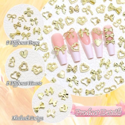 110Pcs Bow Heart Nail Charms Gold 3D Metal Bow Charm for Nails Flatback Heart