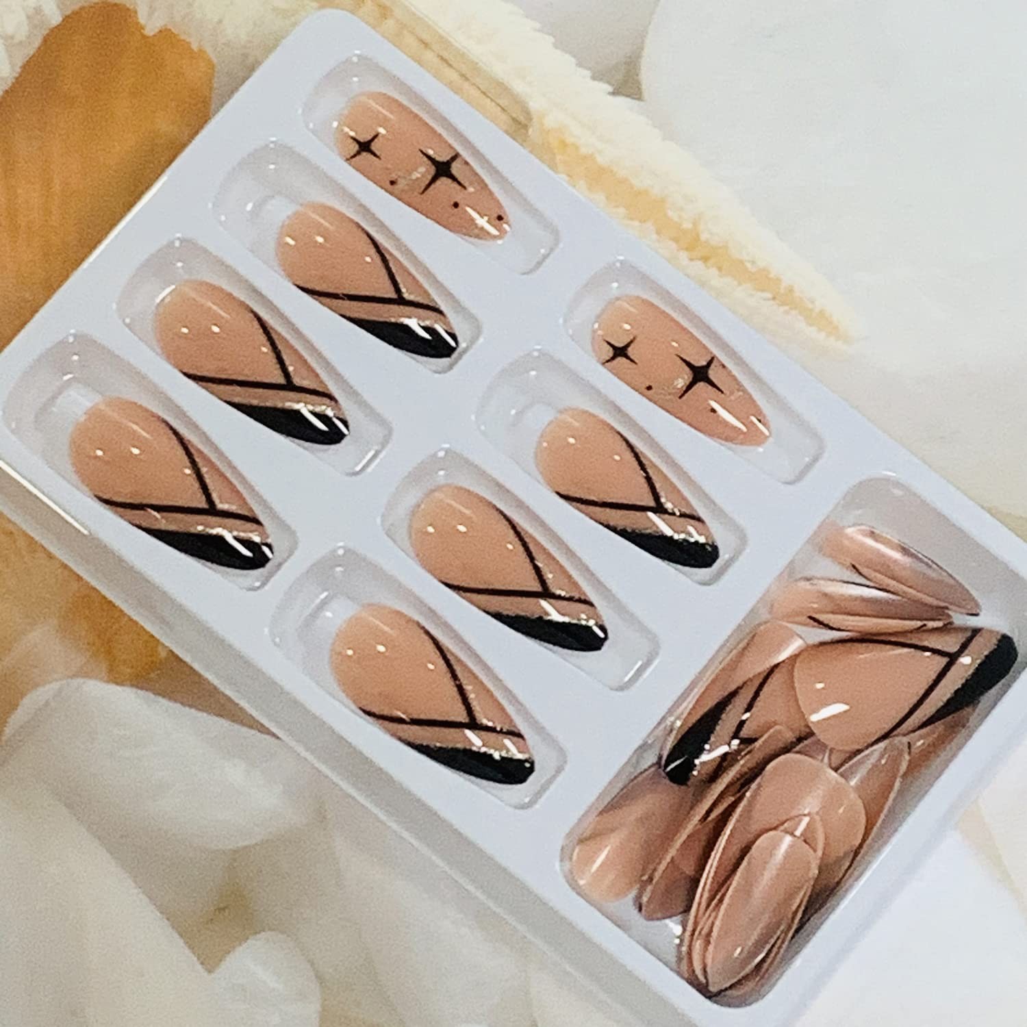 24 Pcs Natural Glossy Full Cover Reusable False Nails with Sticky Tabs, Press…