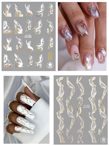 12 Sheets Nail Art Stickers Decals, Self-Adhesive White White Gold Marble Wave