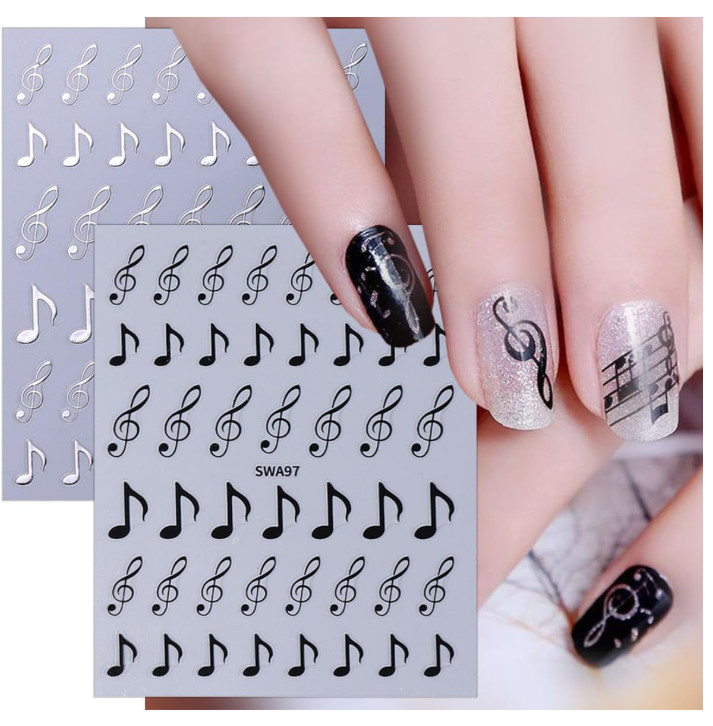 3 Sheets Musical Note Nail Art Stickers Gold Silver Black Piano Notes SWA97 NH28