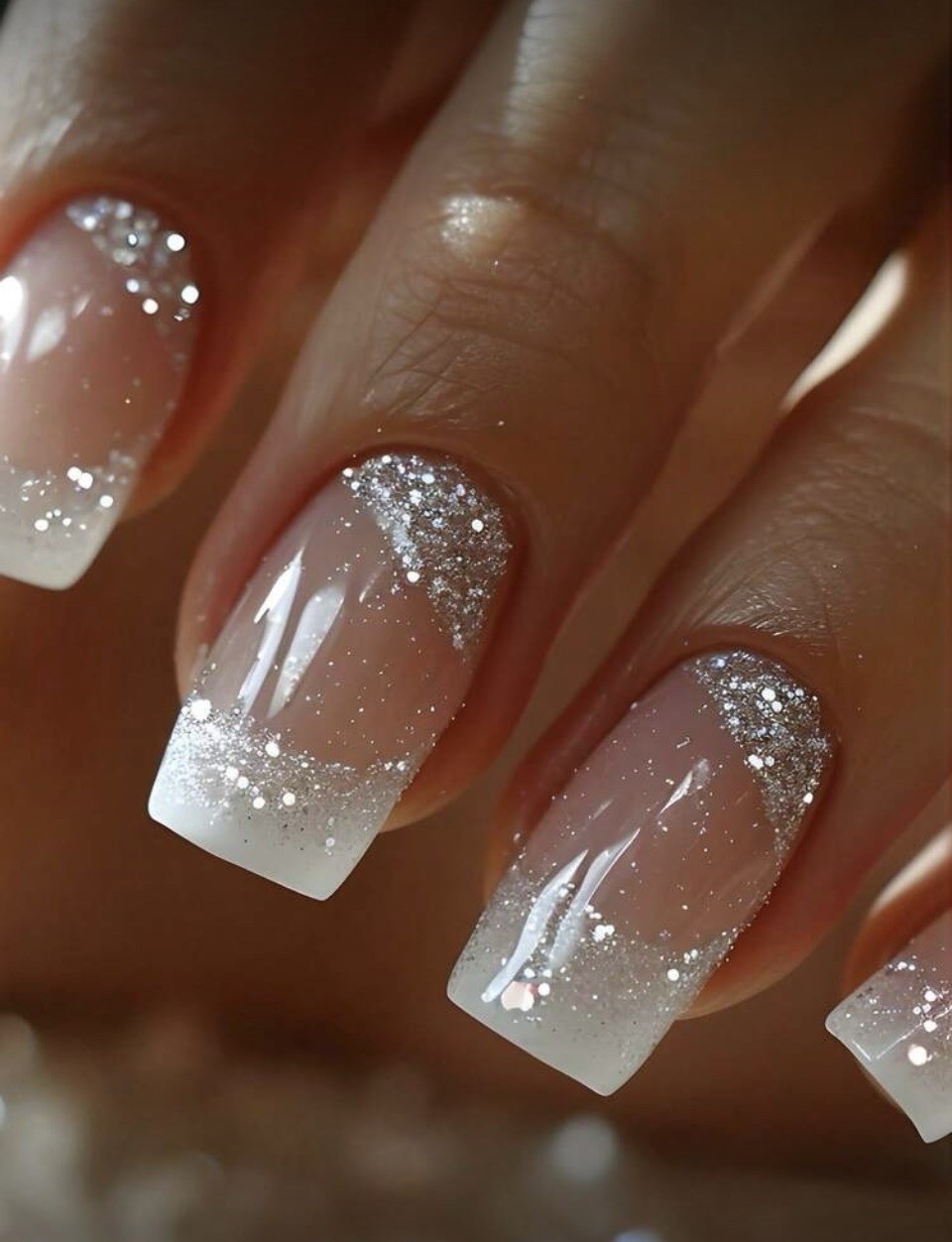 Traditional French Tips & Silver Glitter Square Nail Kit | 24-Piece Press-On