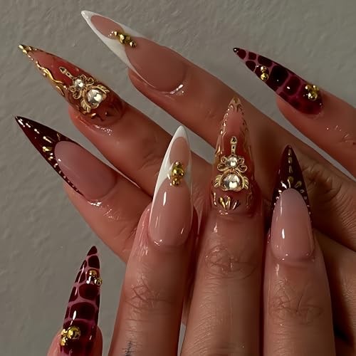 Long Press on Nails Almond Fake Nails with Gold Detail Nude and Burgundy 2