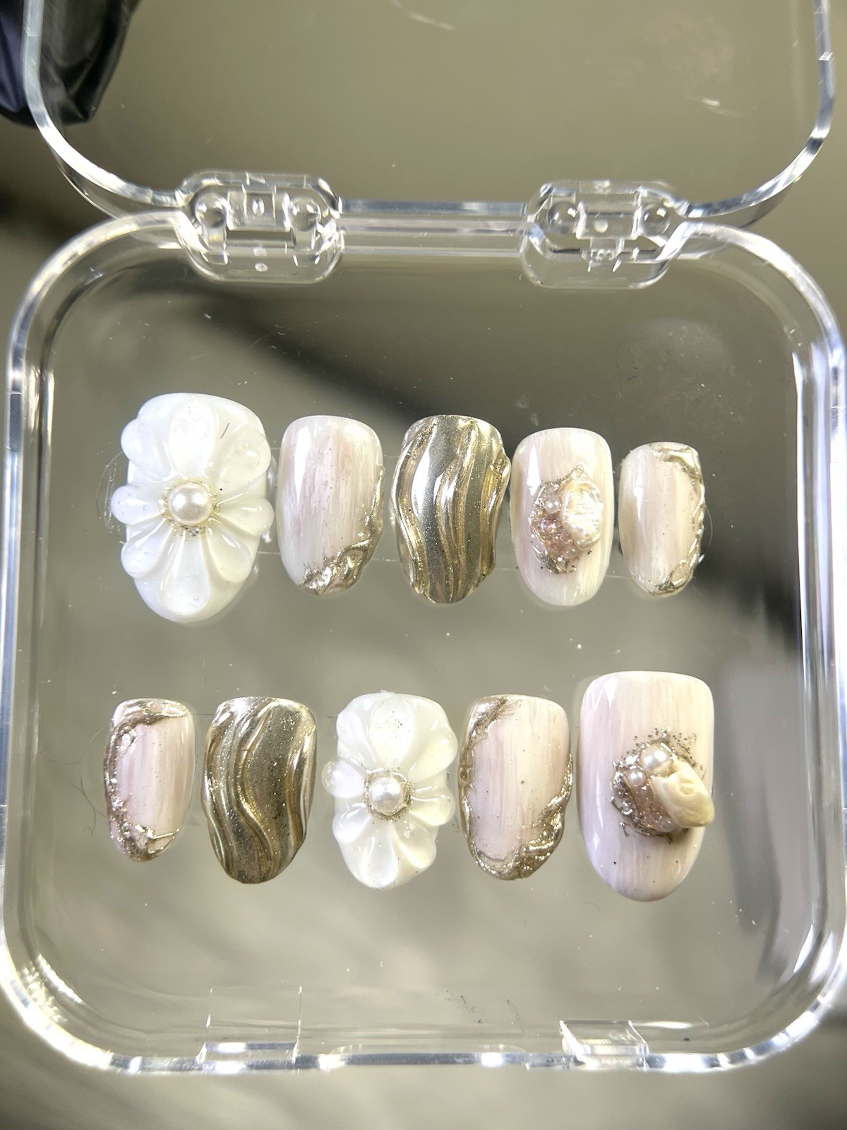 Elegant Nude Gold Press On Nails | 3D Pearl Flower Bridal Set