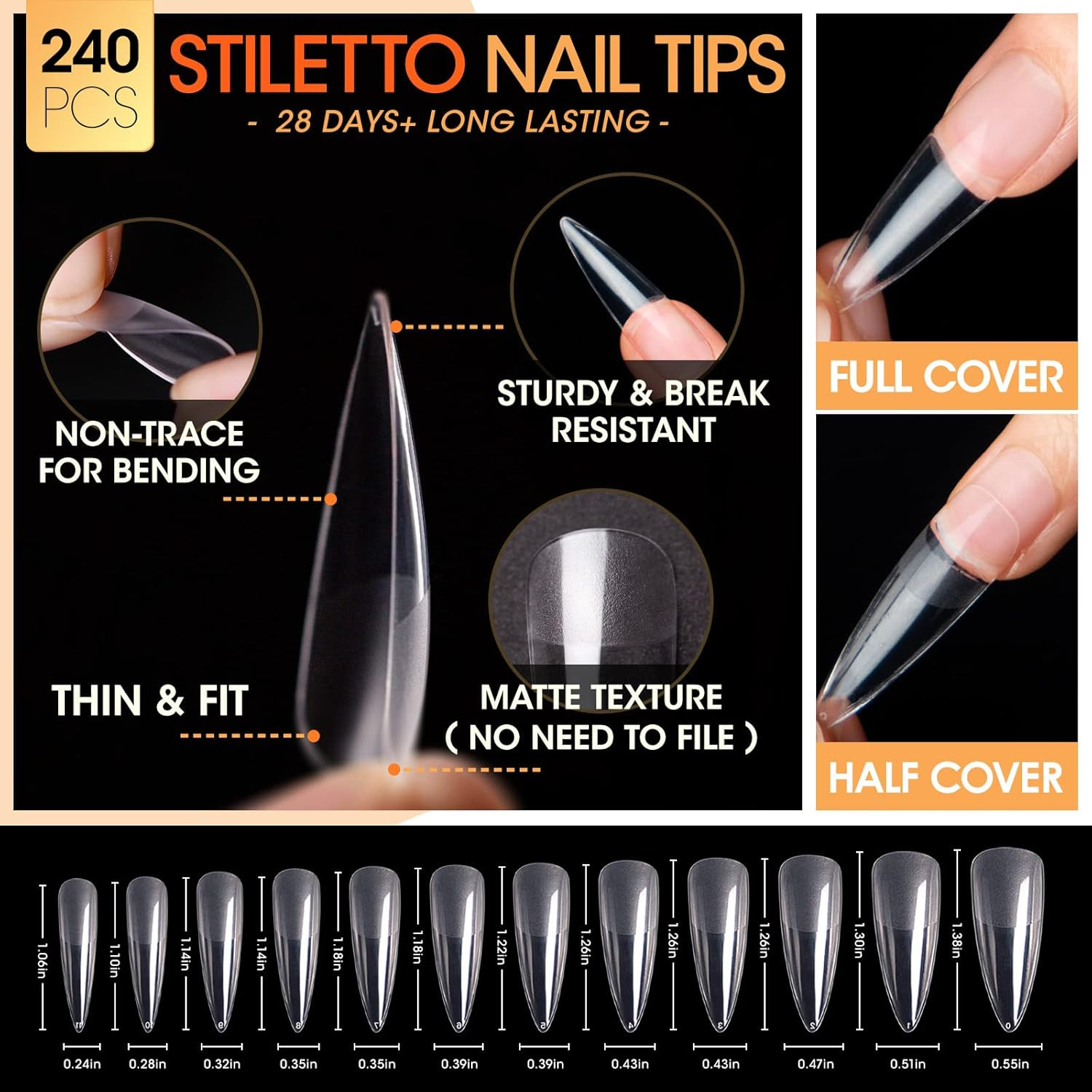 Gel Nail Kit Stiletto Nail Extension Kit 240Pcs Long Almond 12 Sizes Acrylic Nai