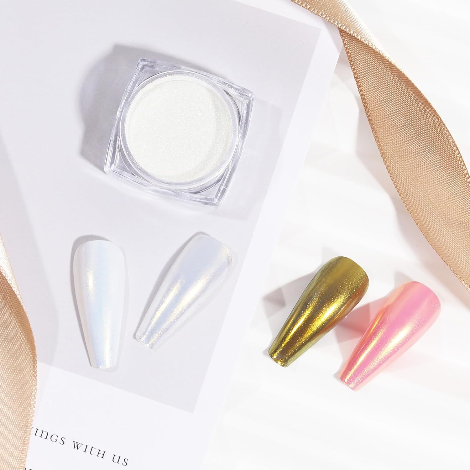 Artdone 2 Jars Chrome Nail Powder White and Gold Pearl,Iridescent Aurora Powder